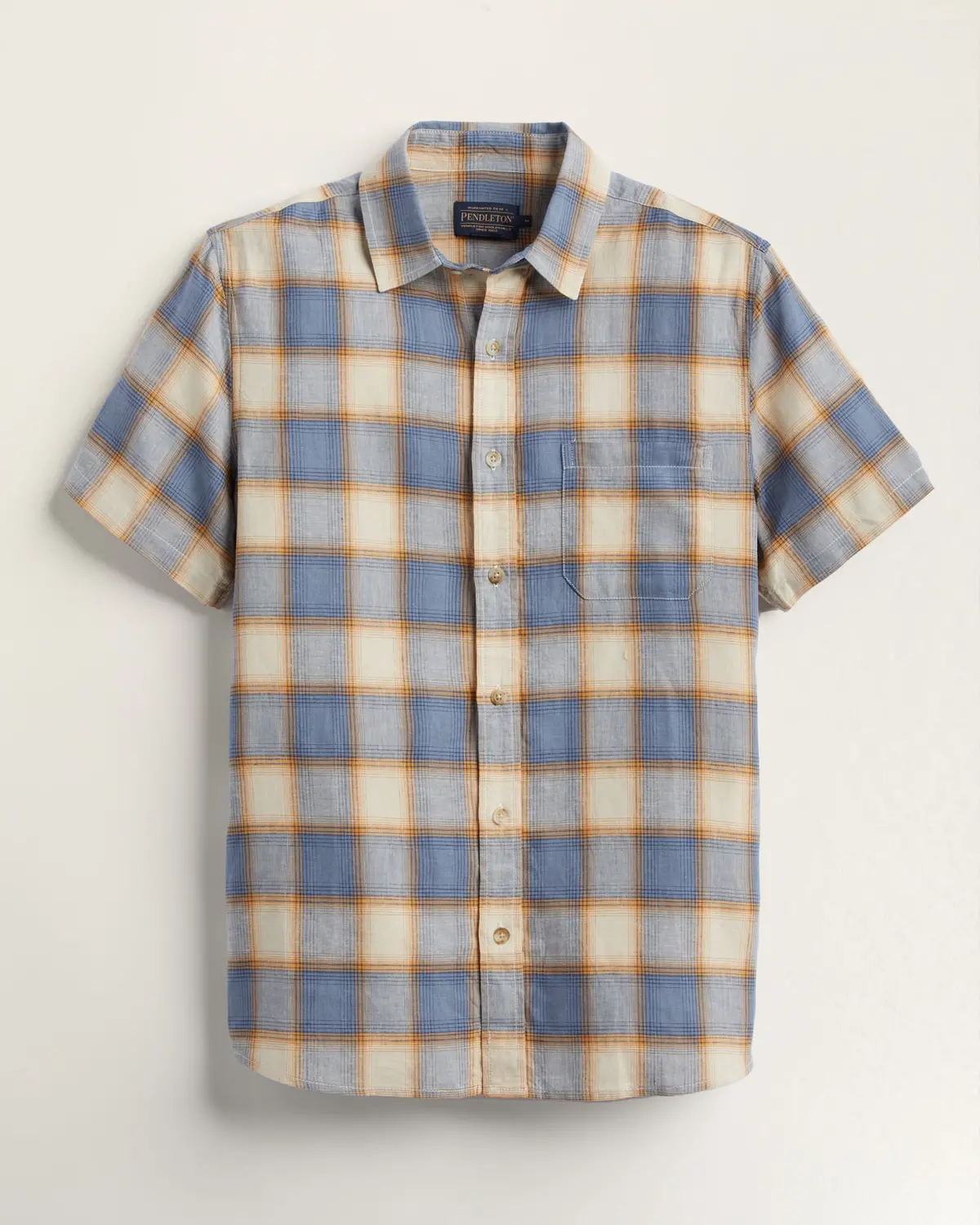 Pendleton Woolen Mills Dawson Linen Short Sleeve Shirt In Tan Indigo Plaid 4