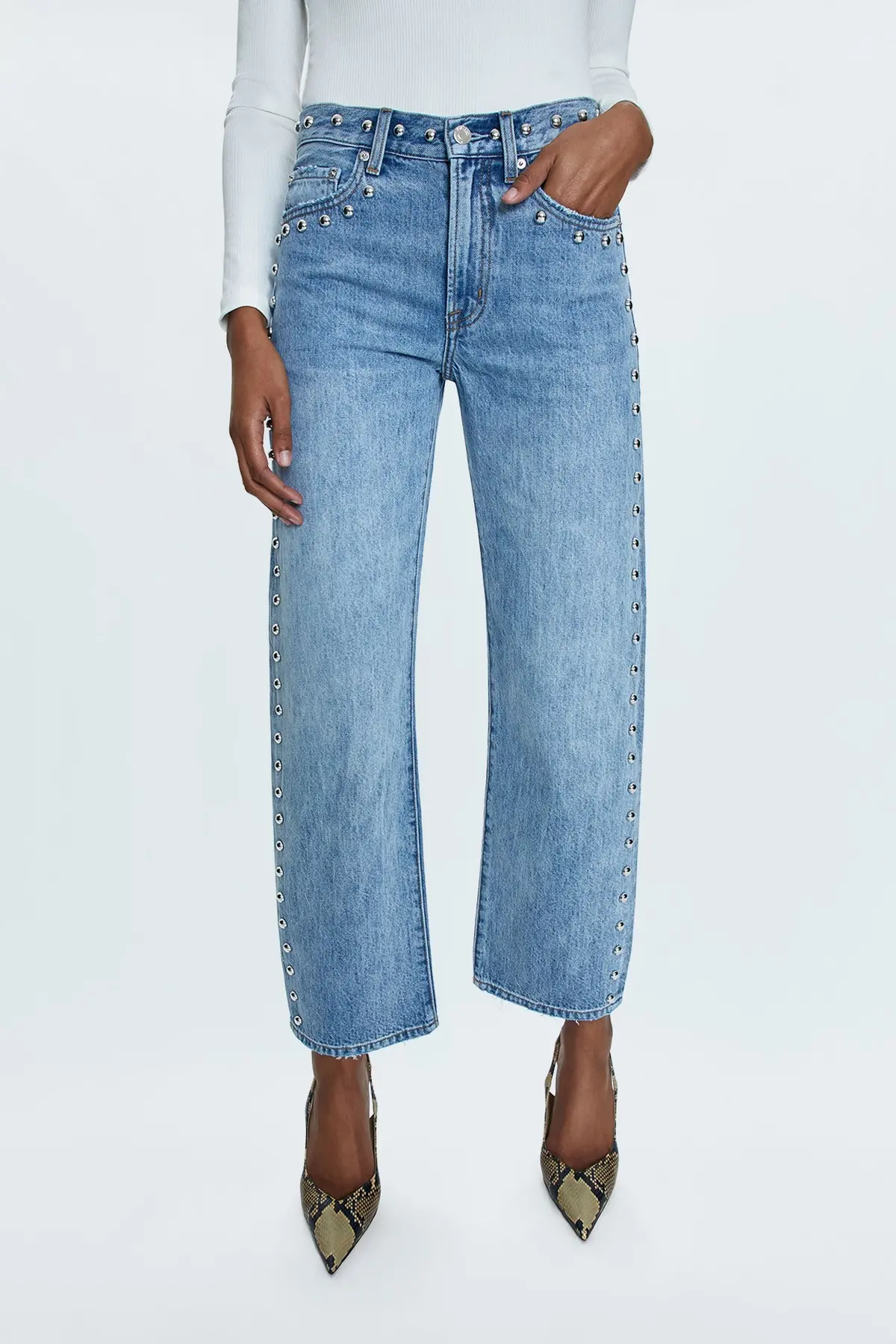 Pistola Lexi Mid-Rise Bowed Straight Leg Jeans In Satellite 3