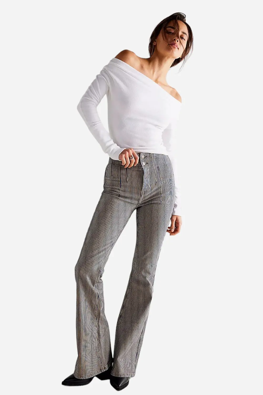 Free People Jayde Railroad Flare Jeans In Train Car Stripe 1