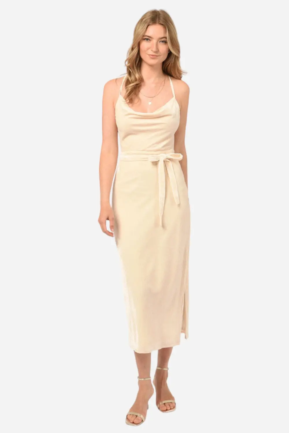 Adelyn Rae Zana Velvet Cowl Neck Slip Dress In Cream 1