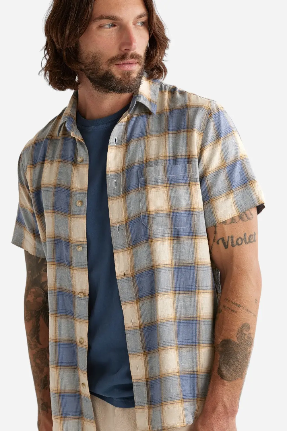 Pendleton Woolen Mills Dawson Linen Short Sleeve Shirt In Tan Indigo Plaid 1