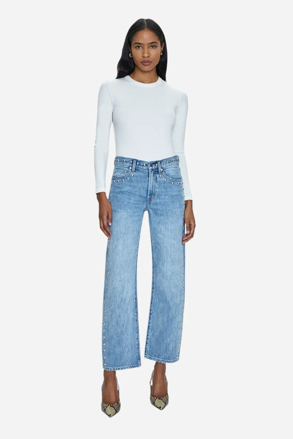 Pistola Lexi Mid-Rise Bowed Straight Leg Jeans In Satellite 1