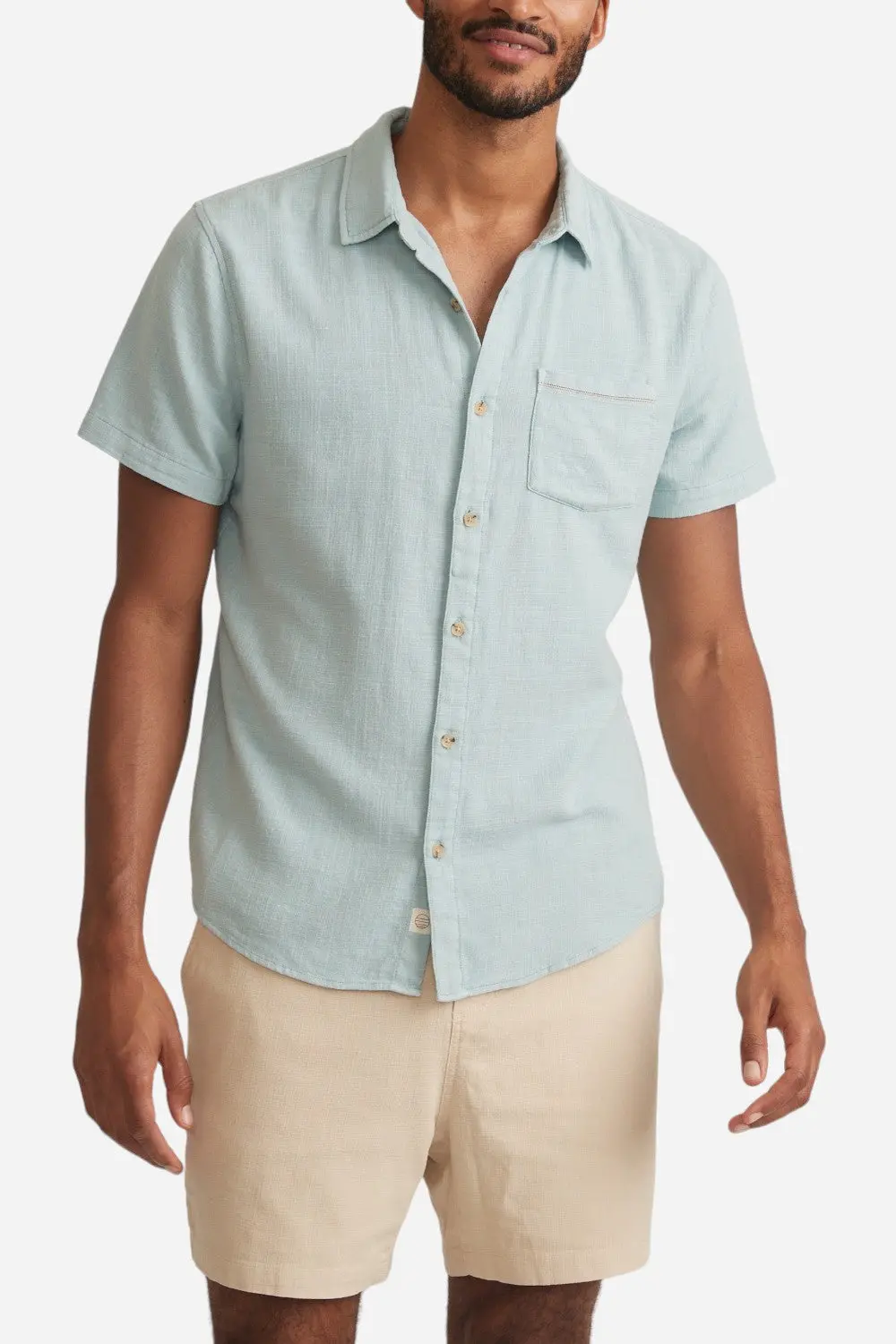 Marine Layer Classic Stretch Selvage Short Sleeve Shirt In Pale Blue 1
