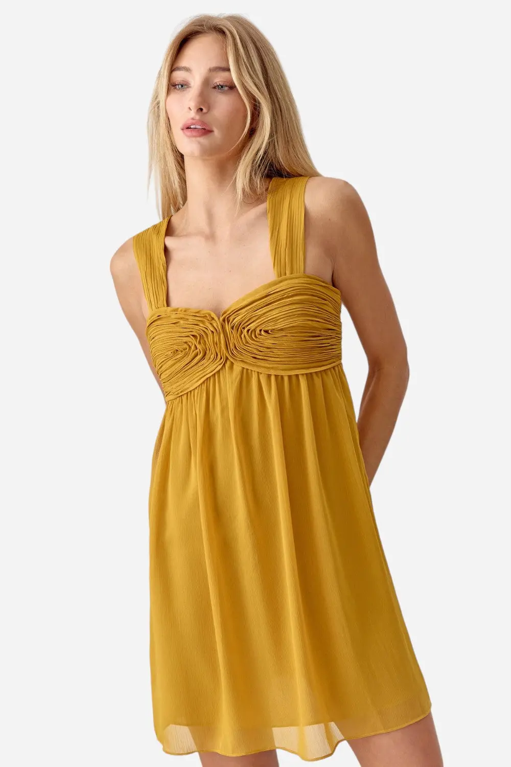 Adelyn Rae Ladella Rose Applique Chiffon Mini Dress In Golden Yellow 1