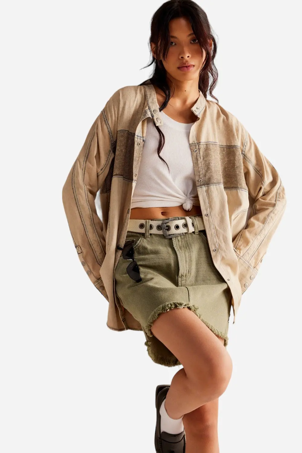 Free People Moto Color Block Shirt In Sand Jam 1