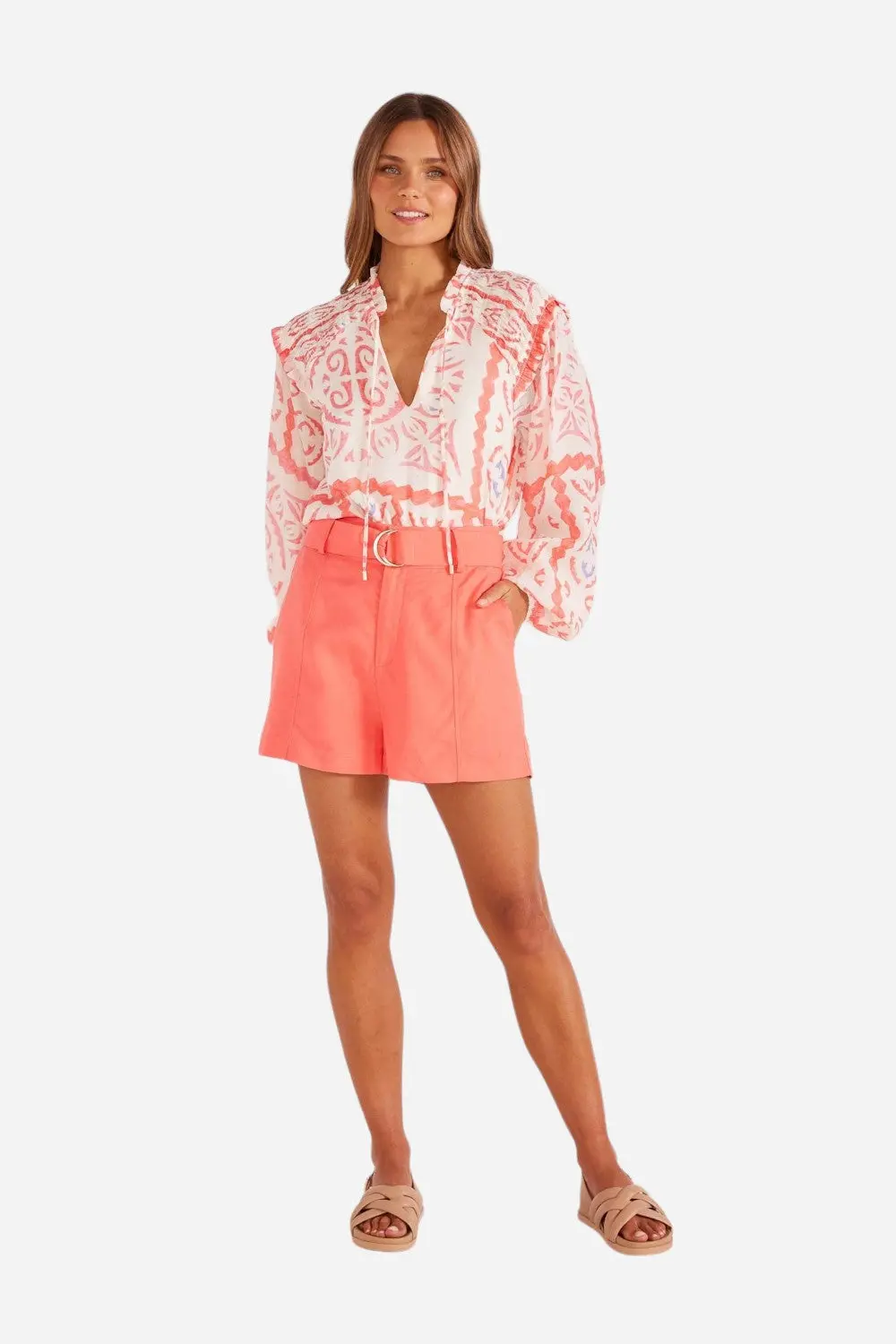 Minkpink Lila Belted Linen Shorts In Pink 1