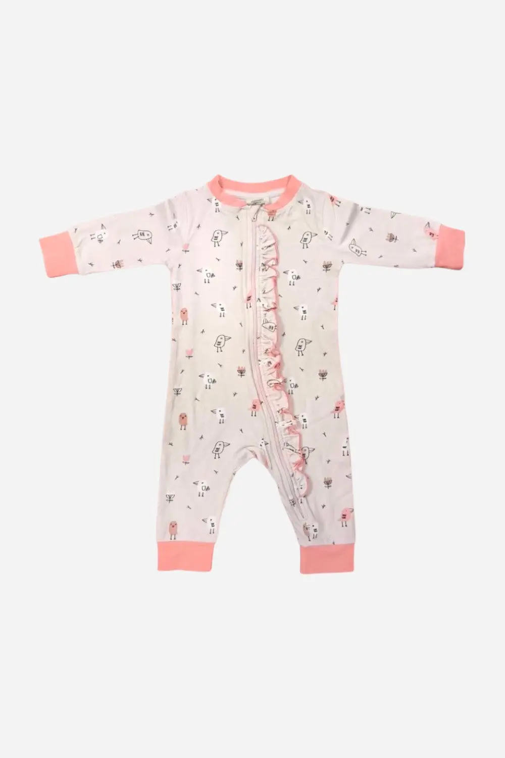 Viverano Birds Ruffle Zipper Baby Jumpsuit In Blush Pink 1