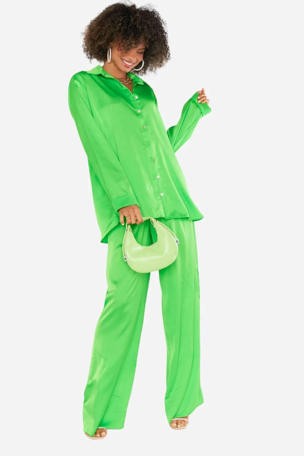 Show Me Your Mumu Hayes Trousers In Bright Green Luxe Satin 1
