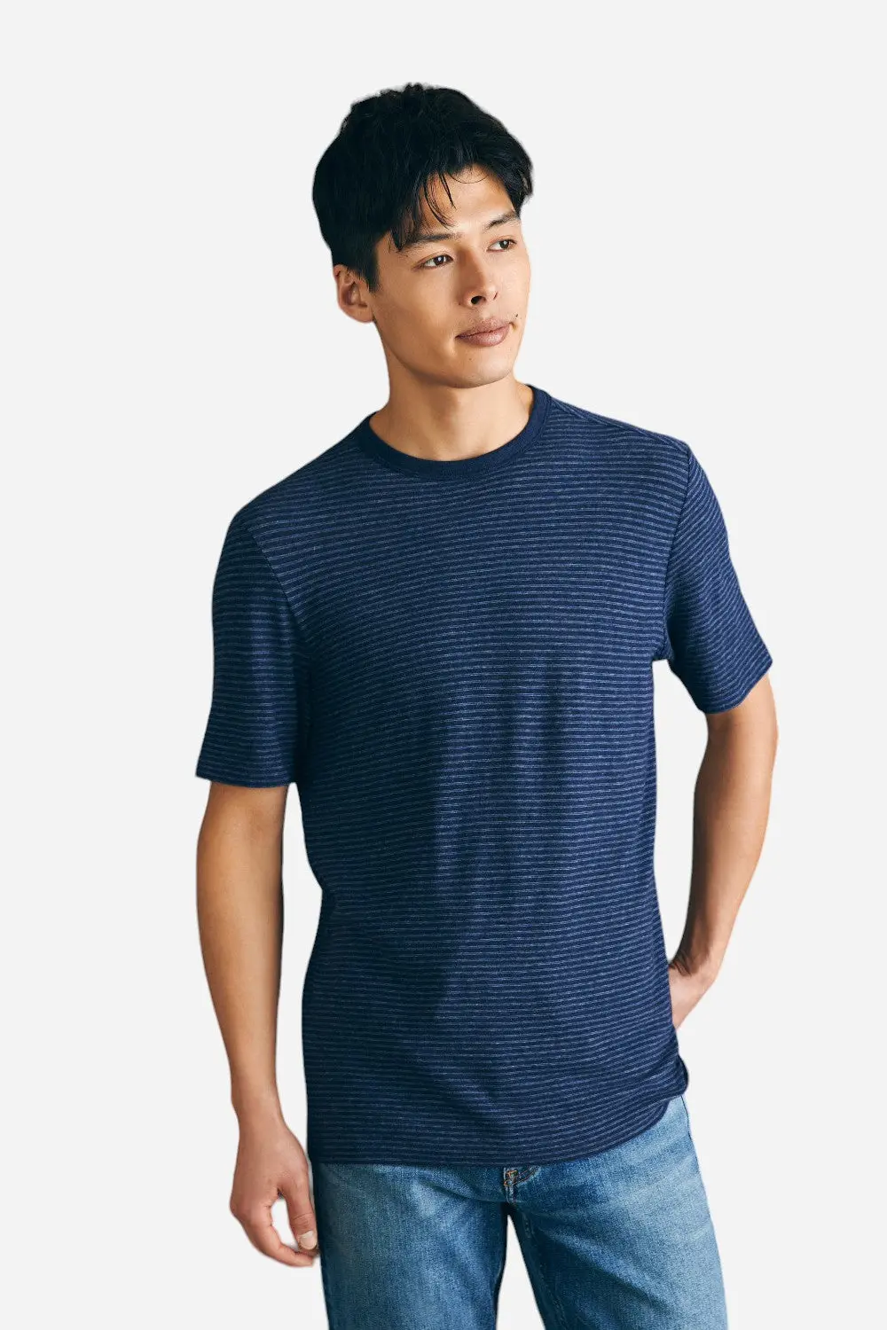 Faherty Short-Sleeve Vintage Chambray Tee In Navy Cove Stripe 1