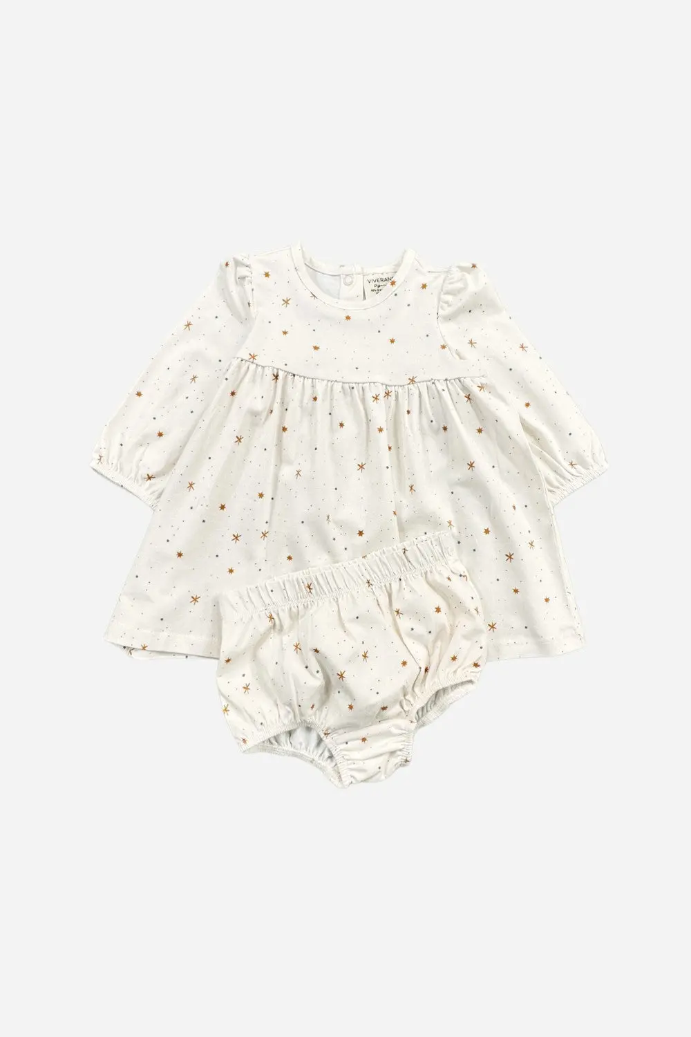 Viverano Stars Flare Baby Girl Dress + Bloomer Set In Natural 1