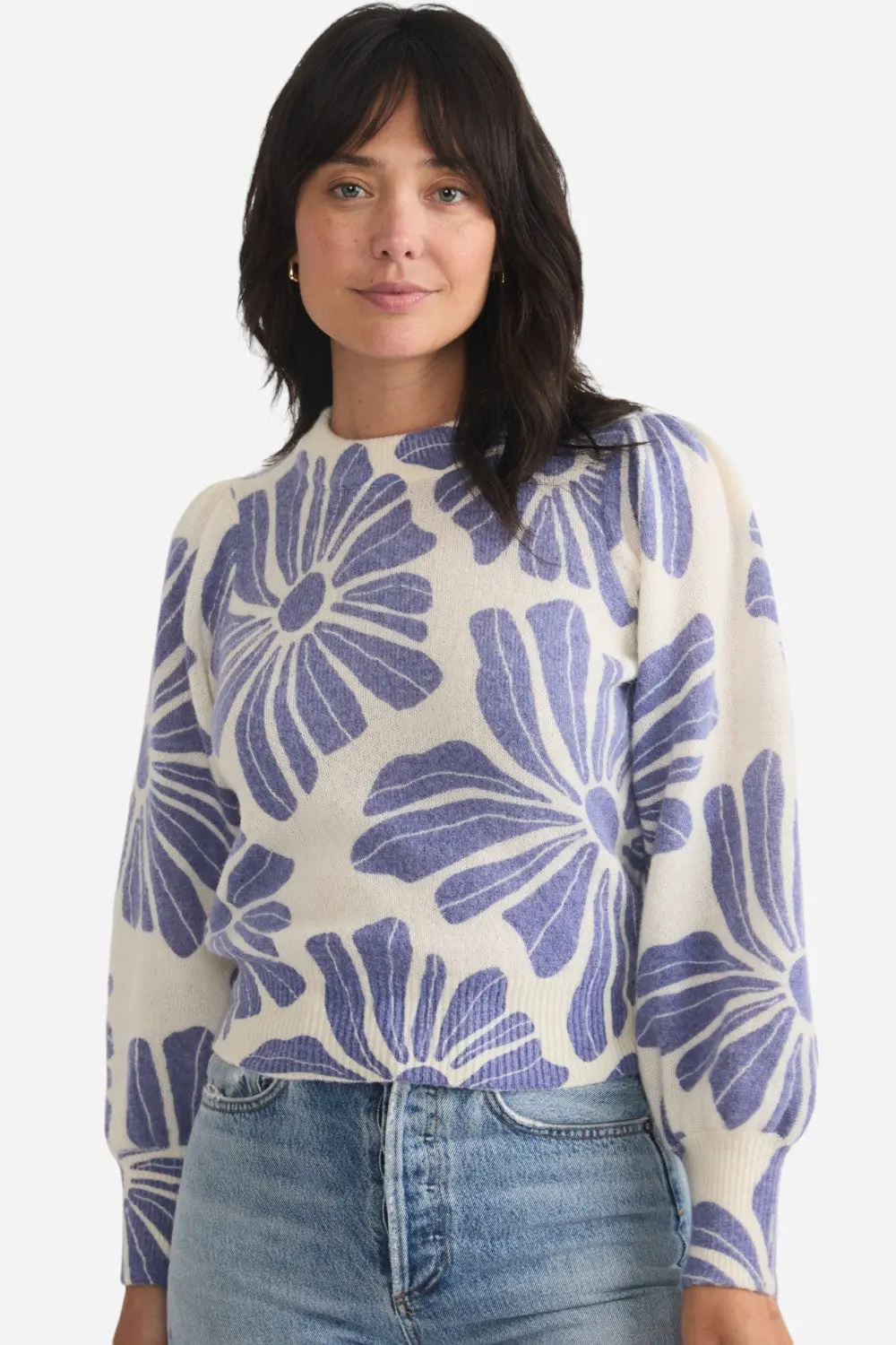 Marine Layer Print Alma Puff Sleeve Sweater In Royal Blue Floral 1