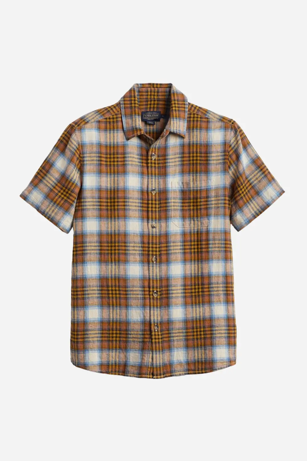 Pendleton Woolen Mills Dawson Short Sleeve Linen Shirt In Adobe Tan Blue Plaid 1