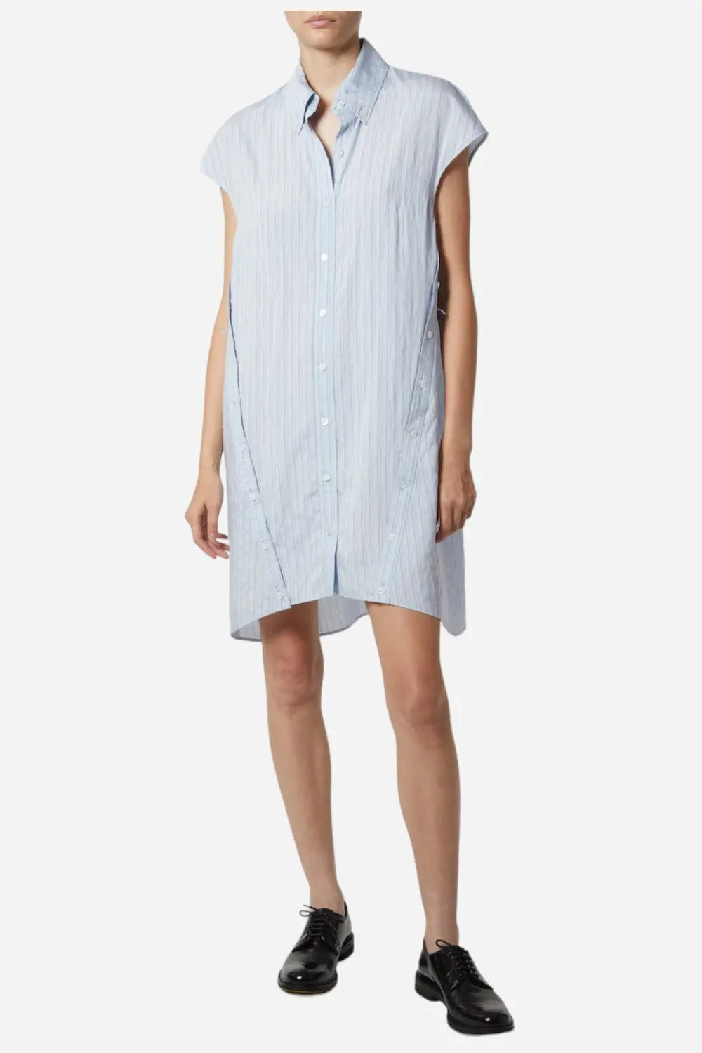Saint Art Talma Cap Sleeve Button Dress In Pale Blue Pinstripe 1