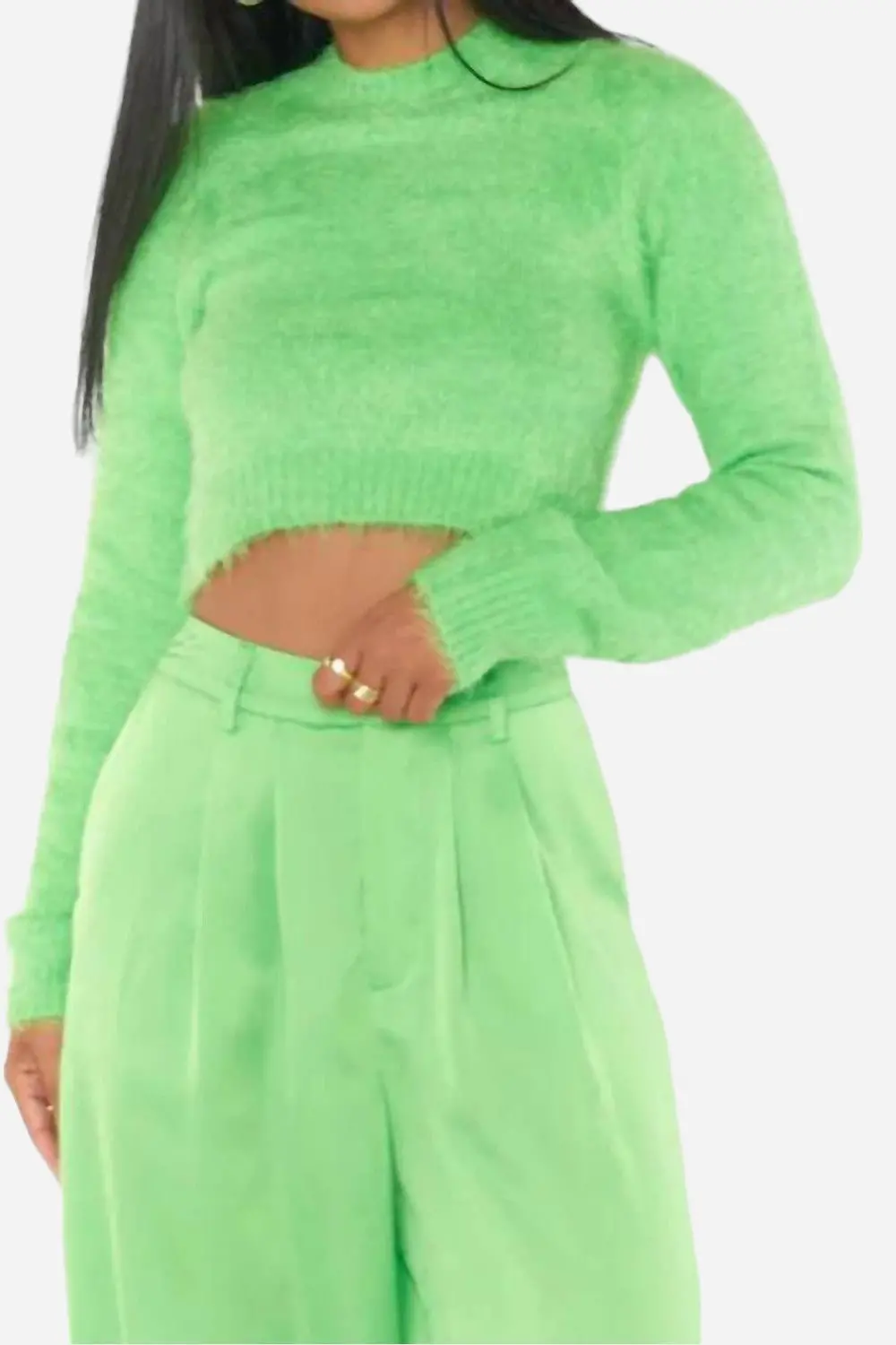 Show Me Your Mumu Cropped Varsity Sweater In Bright Green Fuzzy Knit 1