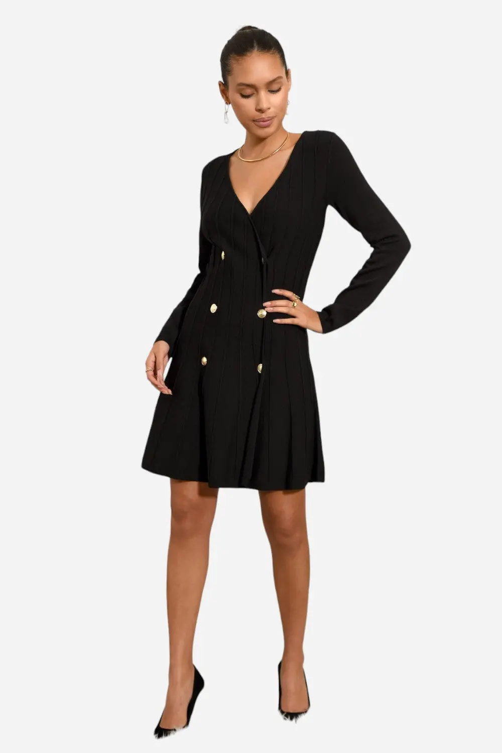 Adelyn Rae Regina Double Breasted Knit Skater Dress In Black 1