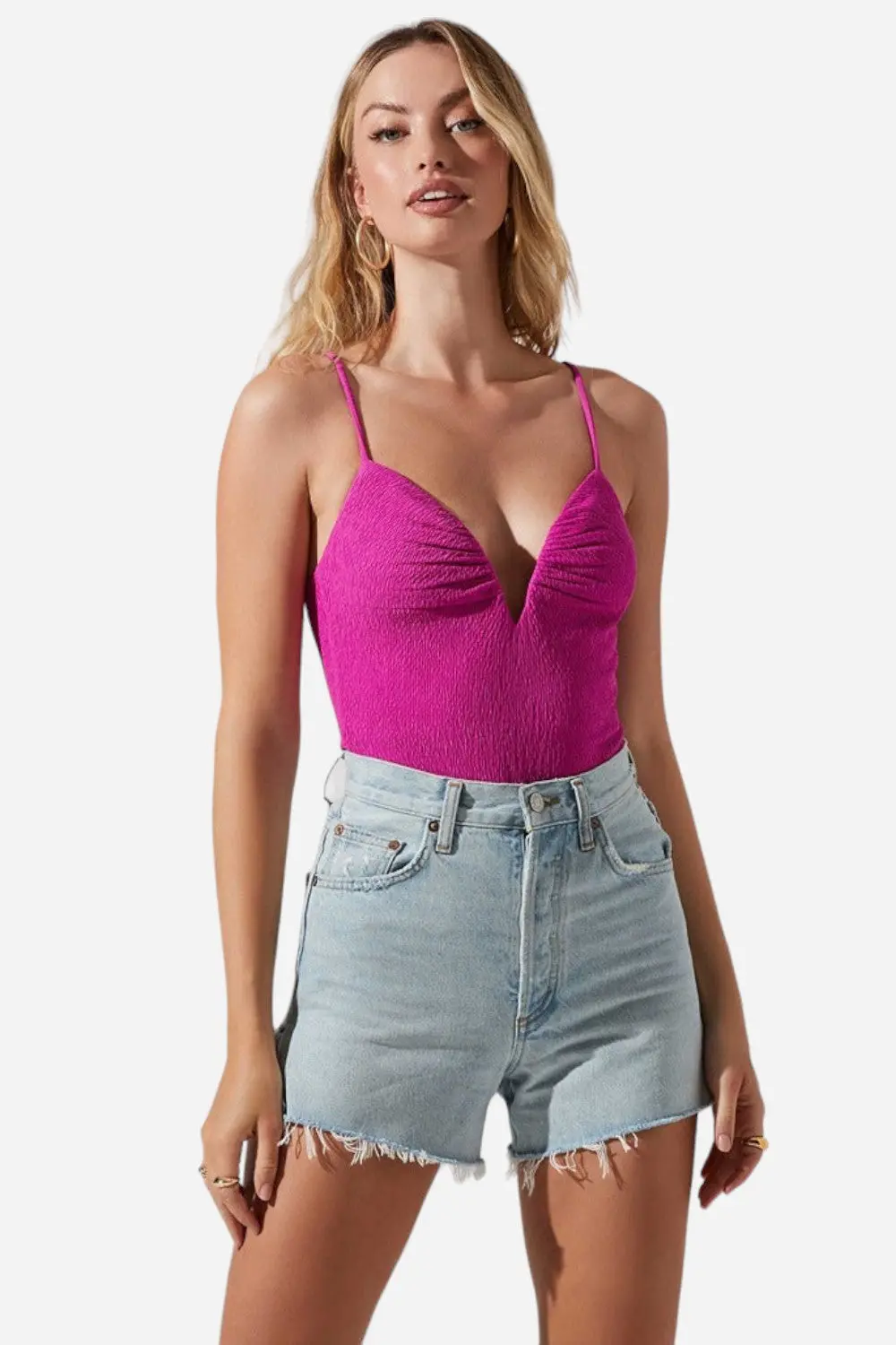 Astr The Label Fia Crinkled Plunge Neck Bodysuit In Magenta 1