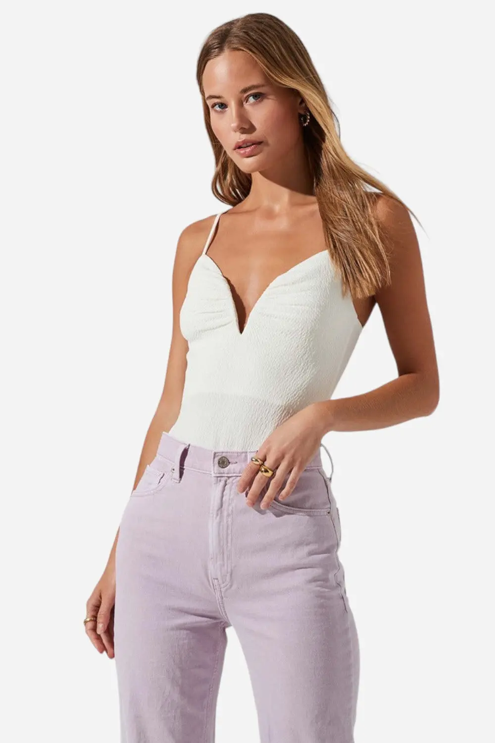 Astr The Label Fia Crinkled Plunge Neck Bodysuit In Ivory 1