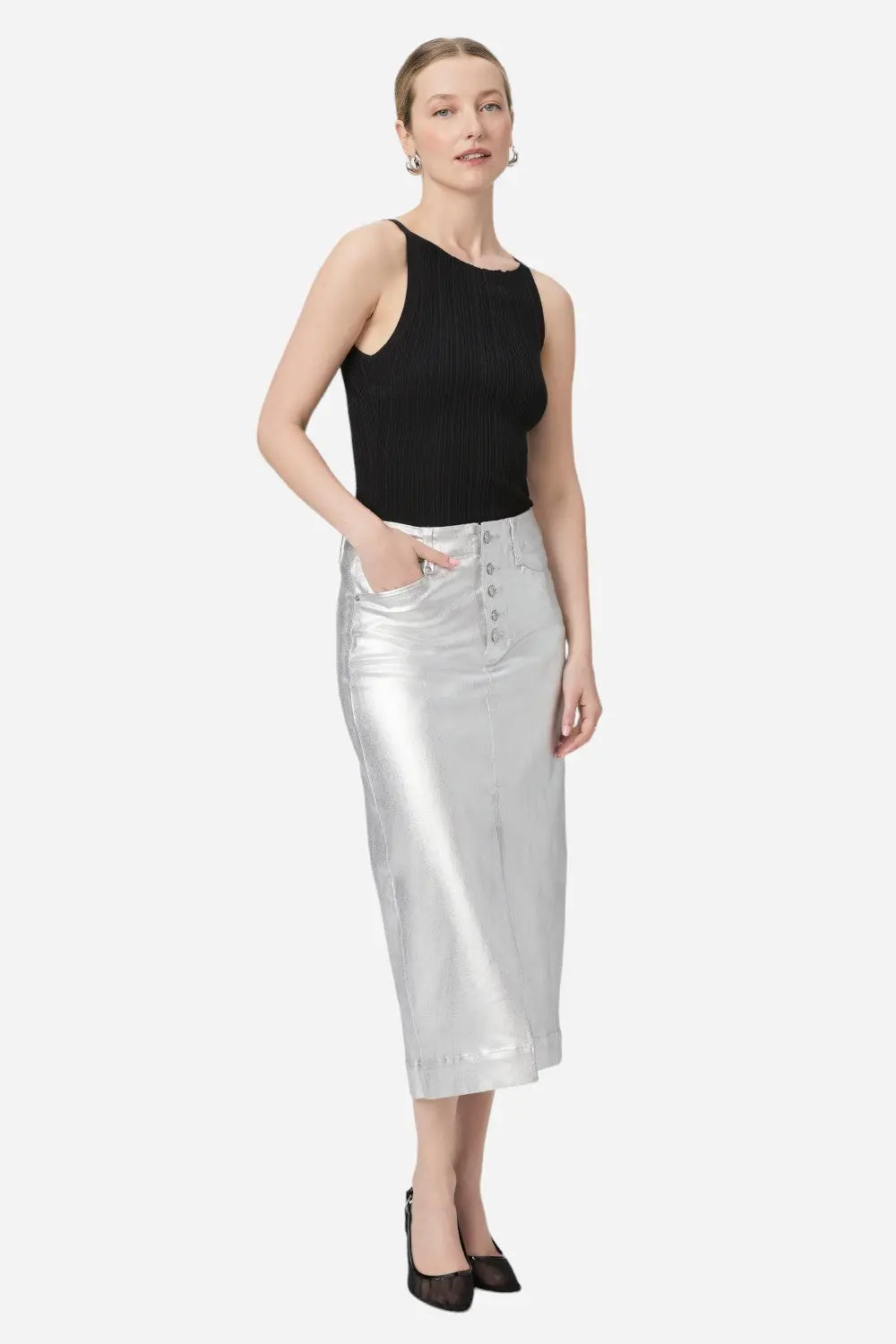 Paige Meadow Midi Skirt In Platinum Silver Luxe Coating 1