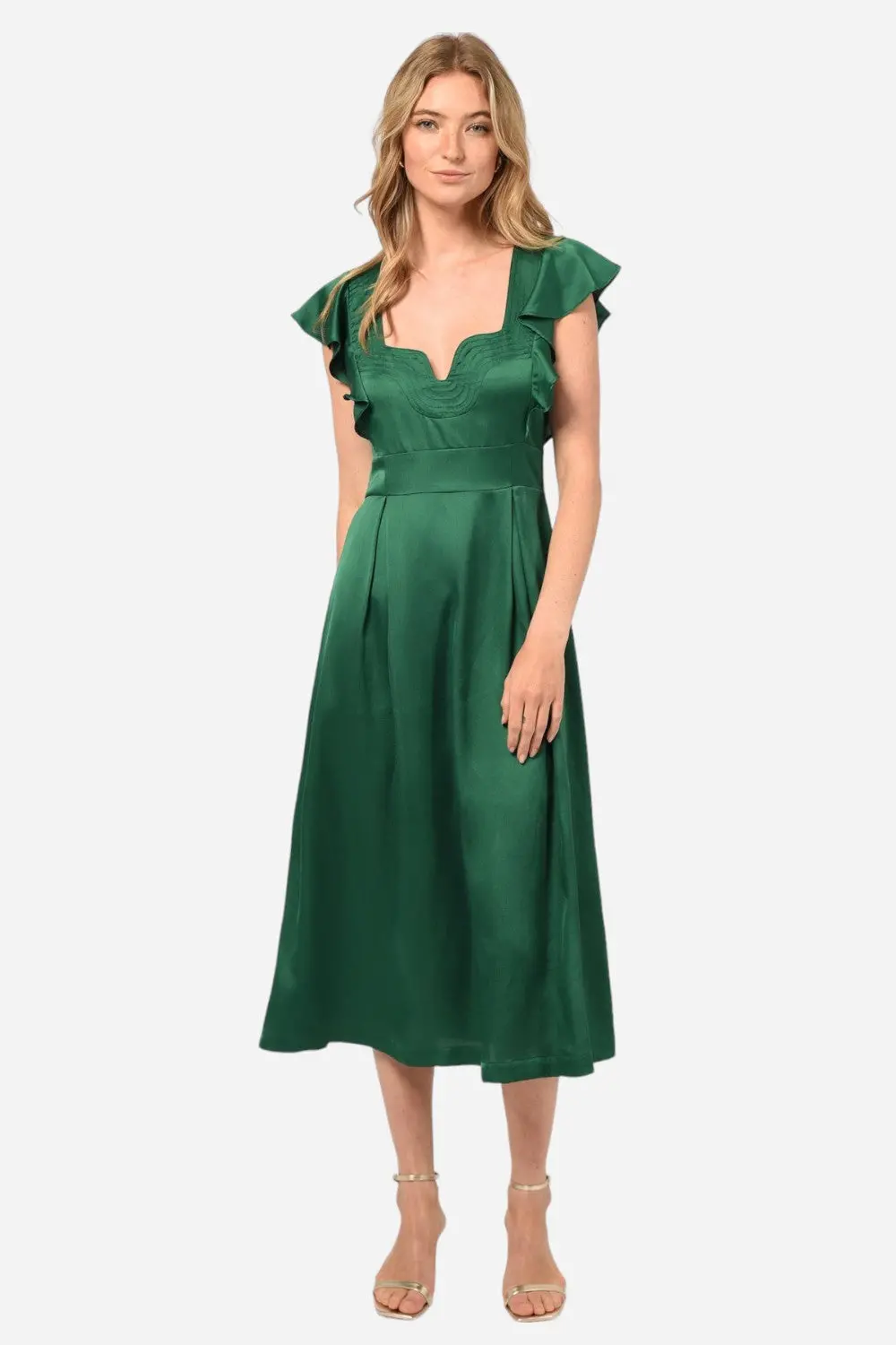 Adelyn Rae Diana Flutter Sleeve Midi Dress In Emerald Green 1