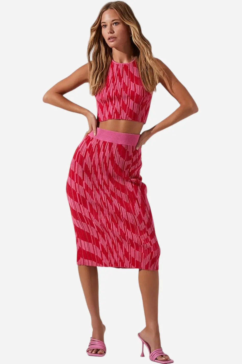 Astr The Label Alana Knit Pencil Midi Skirt In Pink Red 1