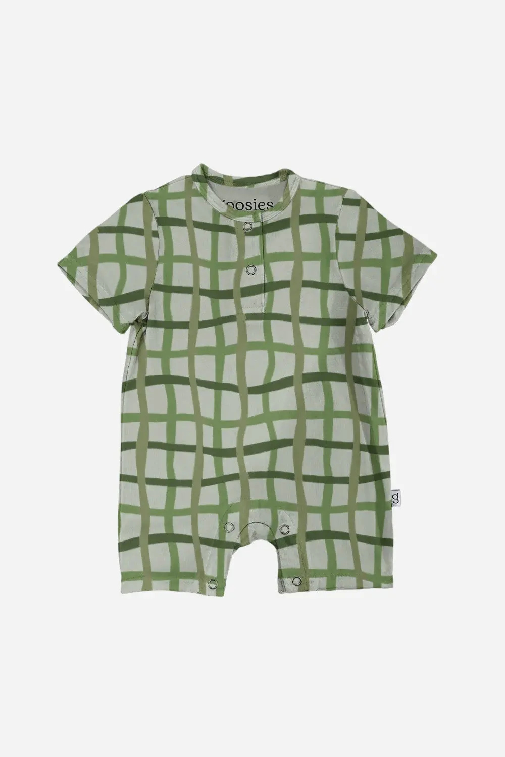 Goosies Short Sleeve Henley Romper In Green Wavy Plaid 1