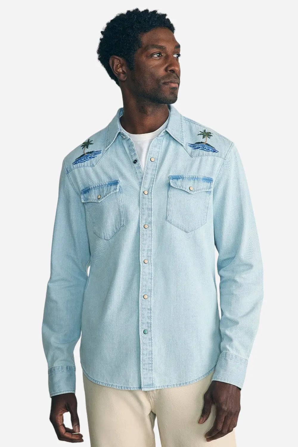 Faherty Sun & Waves Embroidered Shirt In Sunset Sky 1