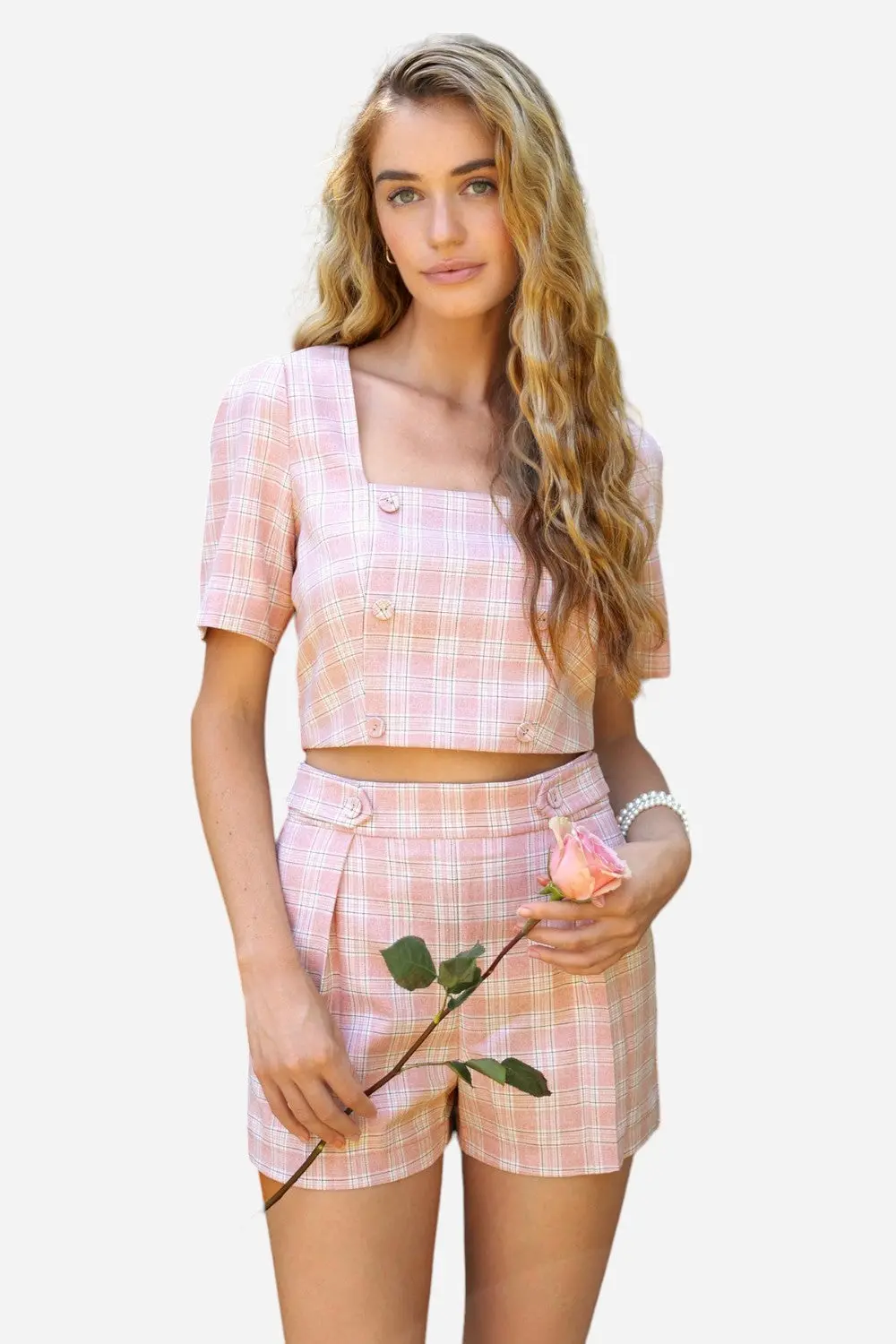 Adelyn Rae Violet Plaid Double Breasted Crop Top In Cotton Candy 1