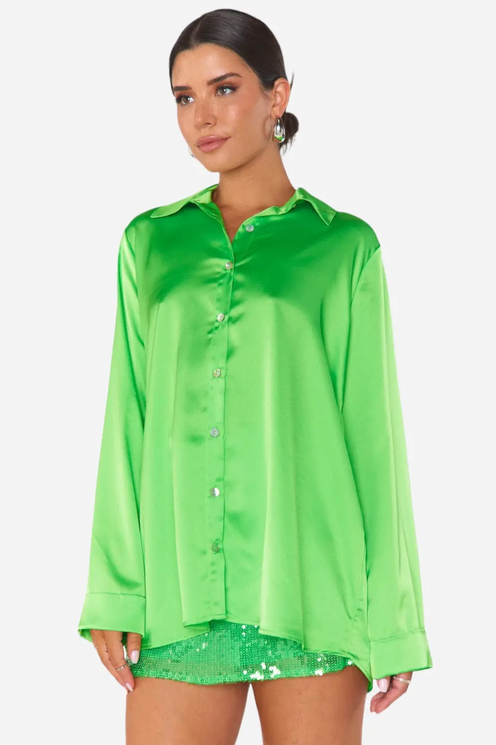 Show Me Your Mumu Smith Button Down Shirt In Bright Green Luxe Satin 1