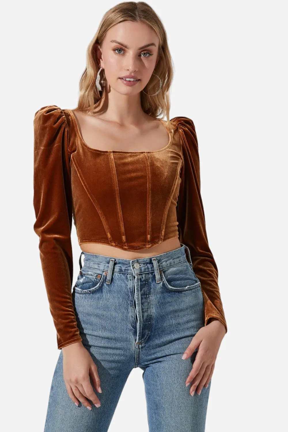 Astr The Label Ashbury Velvet Corset Long Sleeve Top In Gold 1