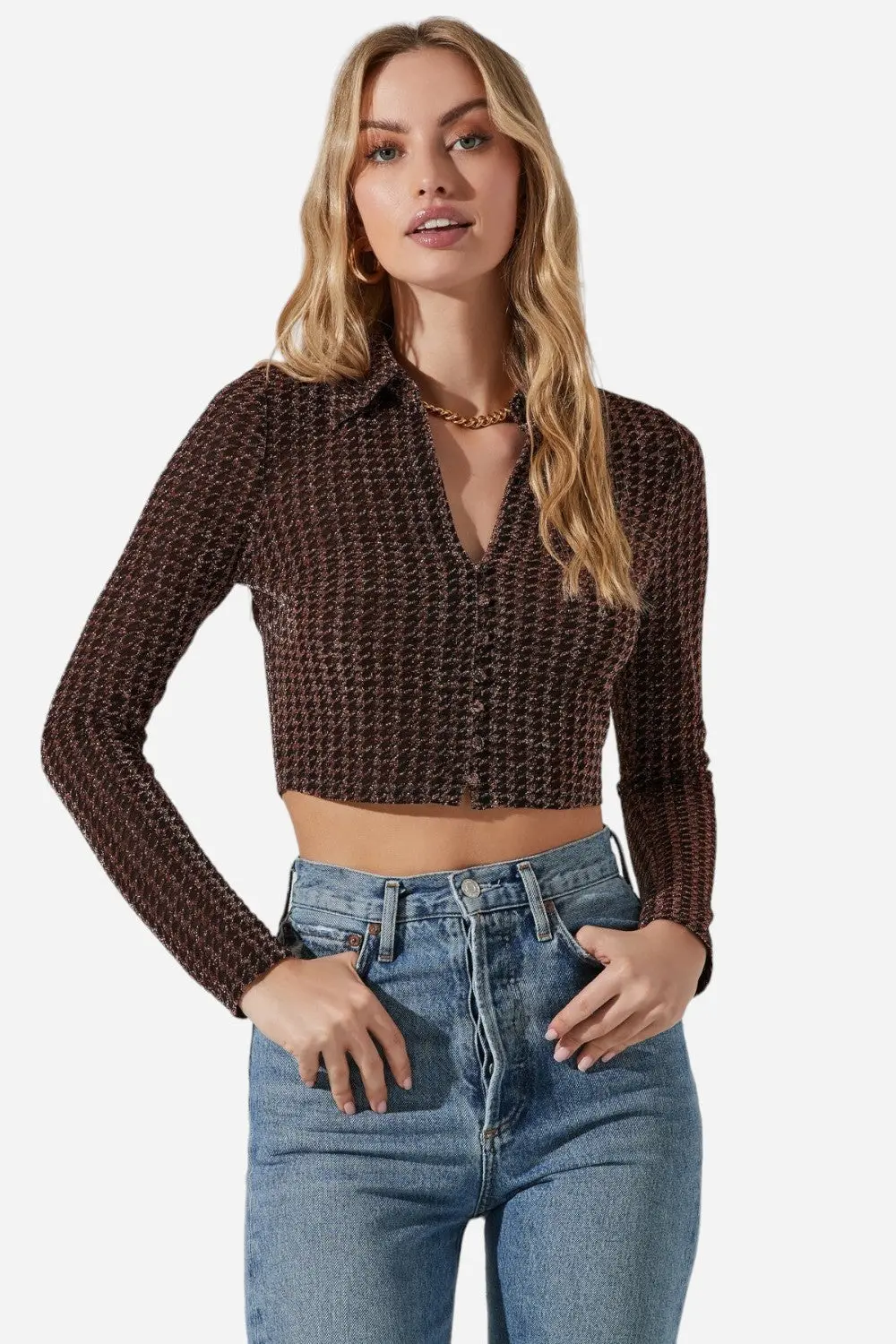 Astr The Label Winslet Metallic Houndstooth Crop Top In Copper 1