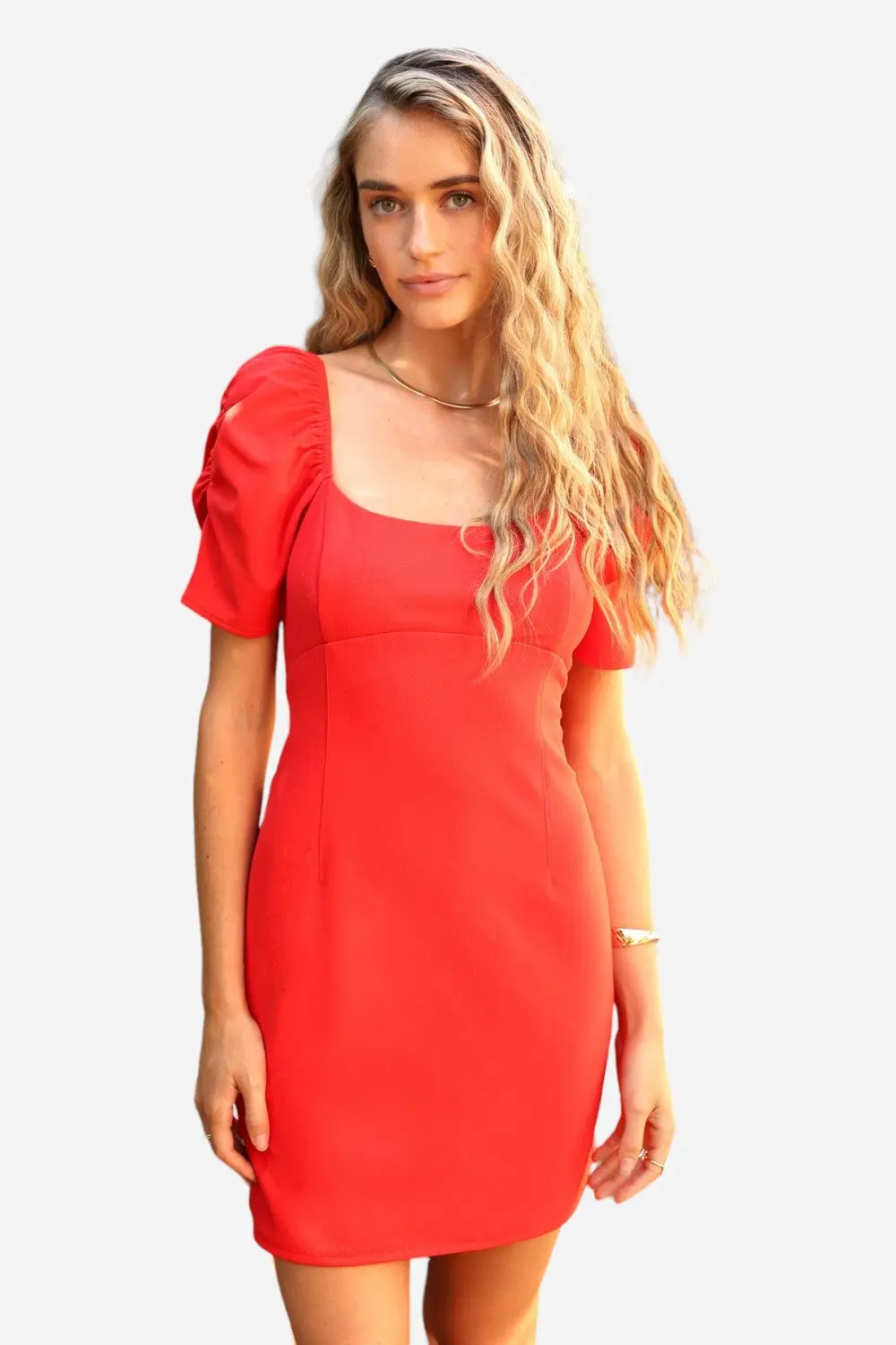 Adelyn Rae Bella Puff Sleeve Mini Dress In Candy Apple 1
