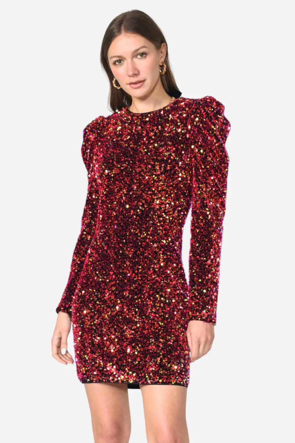 Adelyn Rae Gale Velvet Sequins Puff Sleeve Mini Dress In Raspberry Punch 1