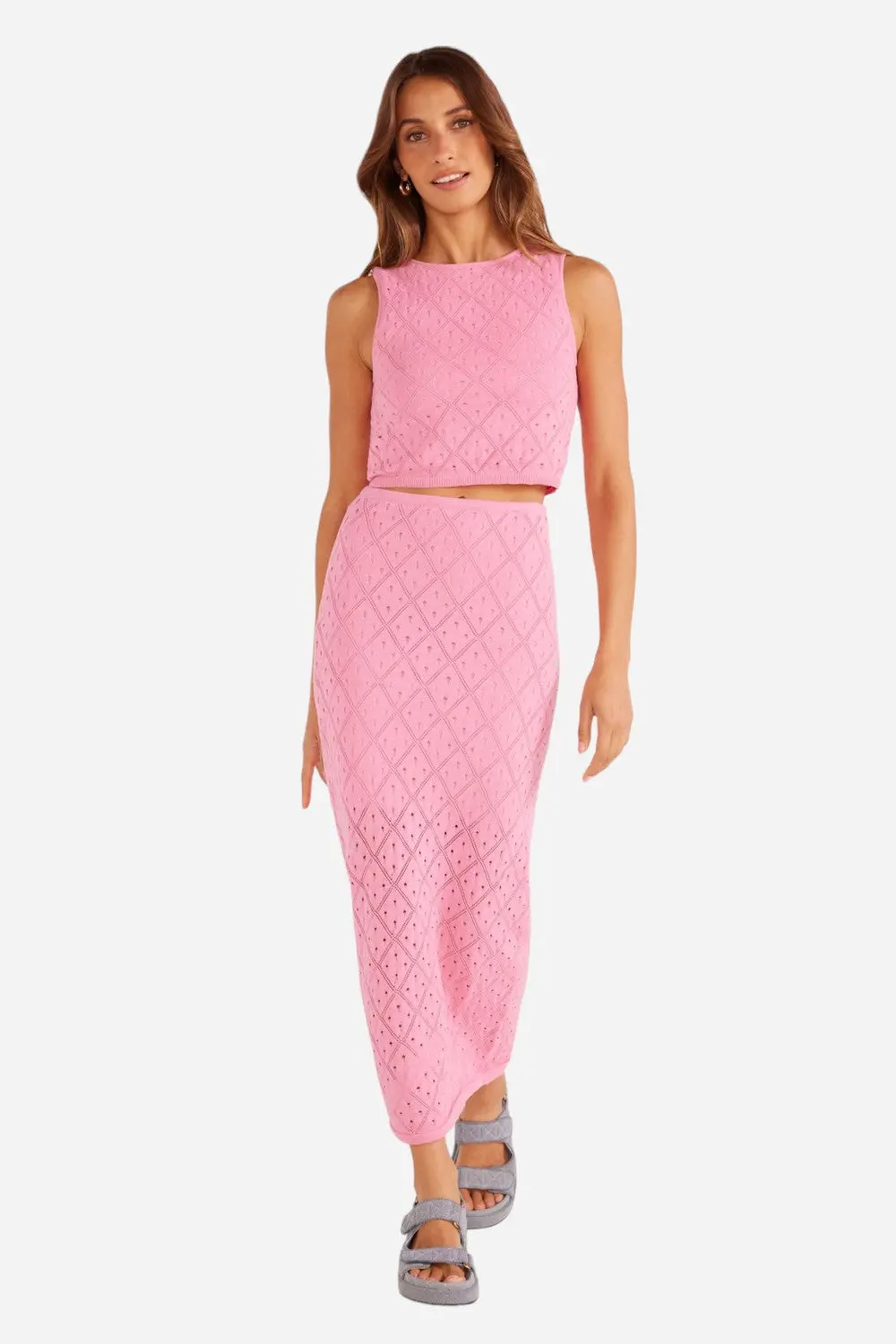 Minkpink Solano Diamond Knit Midi Skirt In Hot Pink 1