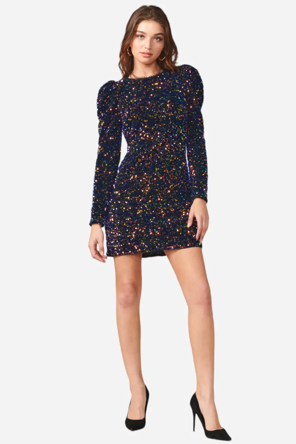 Adelyn Rae Gale Velvet Sequins Puff Sleeve Mini Dress In Midnight 1