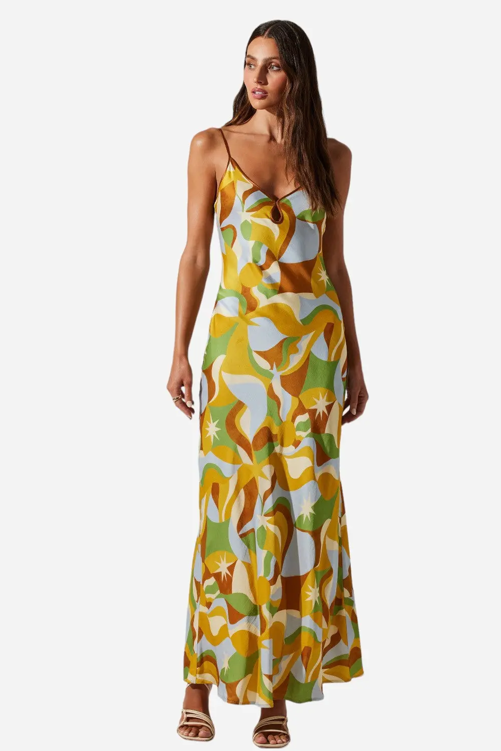 Astr The Label Nilana Keyhole Front Dress In Brown Mustard Multi 1