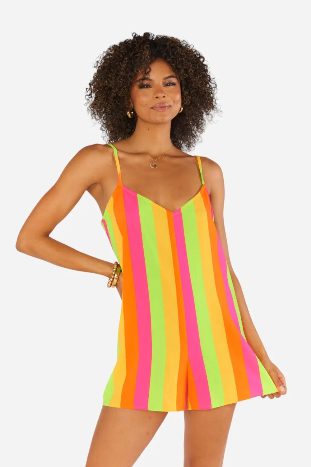 Show Me Your Mumu Rascal Romper In Neon Vacay Stripe 1