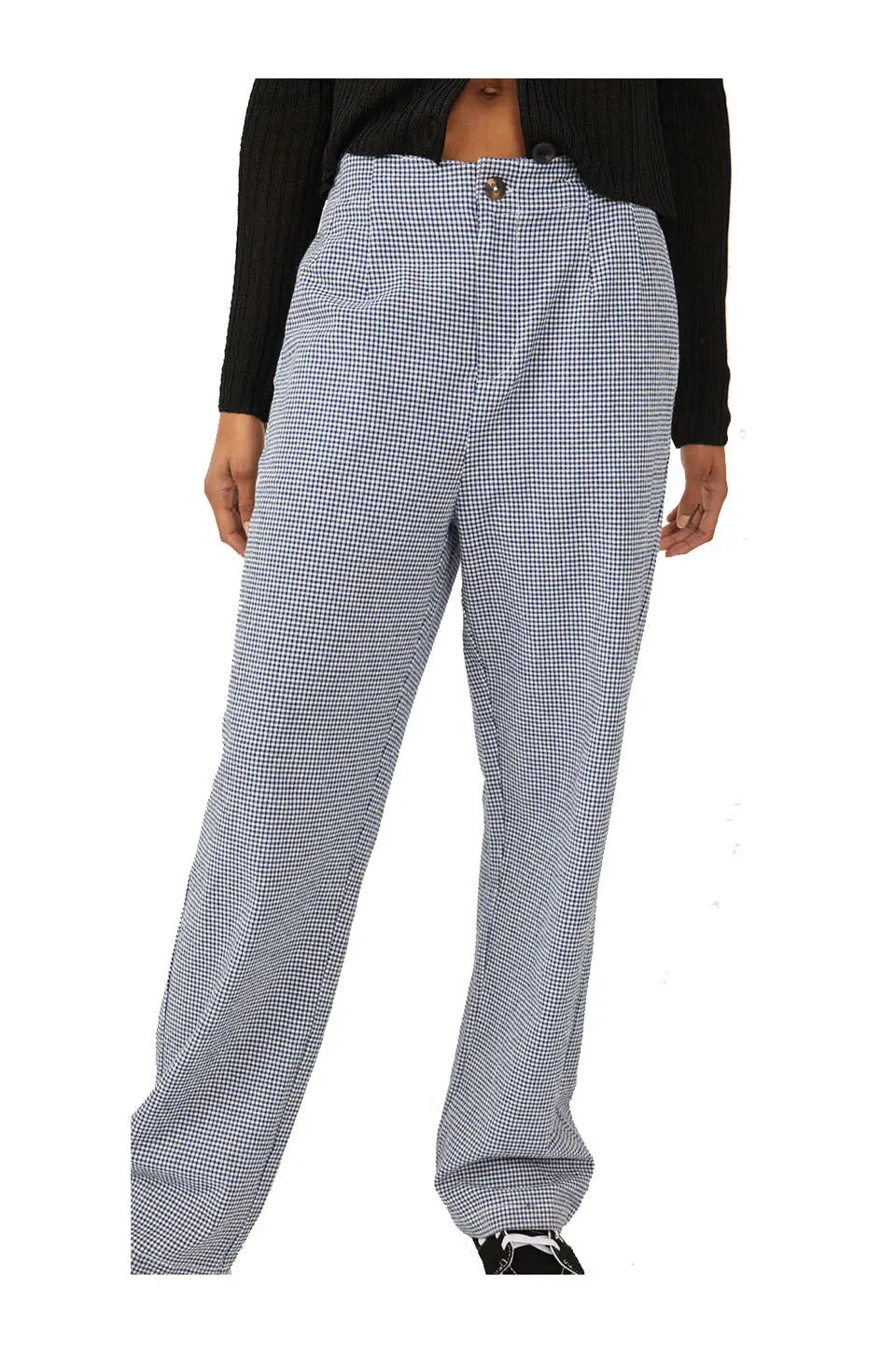 Free People Kate Plaid Straight Leg Pants In Navy & White 1