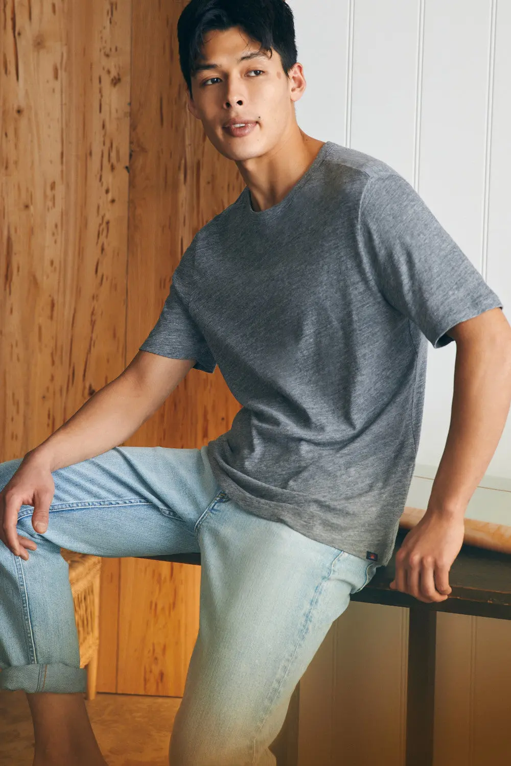 Faherty Short-Sleeve Vintage Chambray Tee In Mineral Grey Heather 3