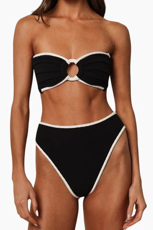 Montce X Olivia Culpo Black Cream Binded Terry Rib Tori Ties Bandeau Bikini Top In Black 1