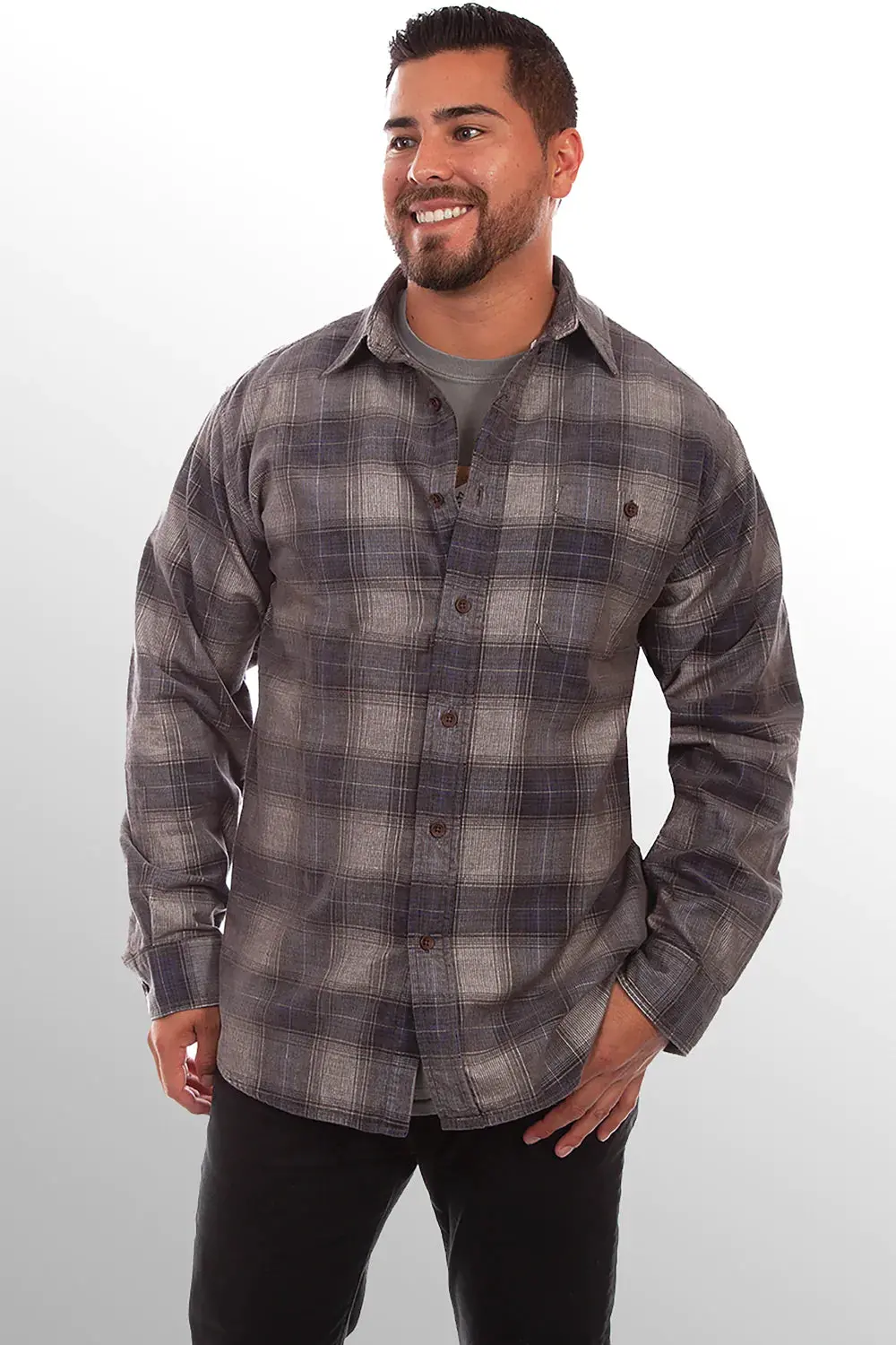 Corduroy Plaid Long-Sleeve Shirt, Charcoal/Navy 1