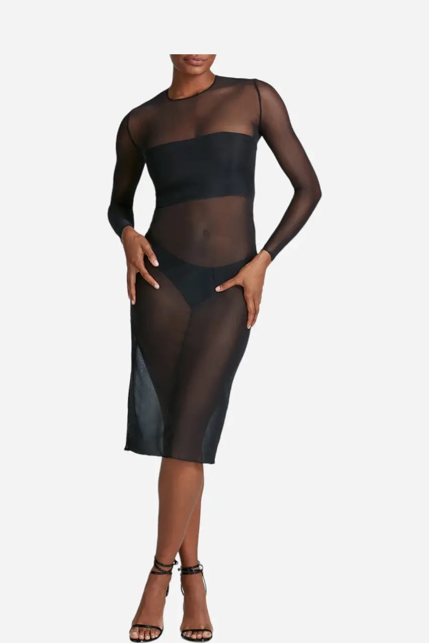 Commando Chic Mesh Long Sleeve Midi Dress In Black 1