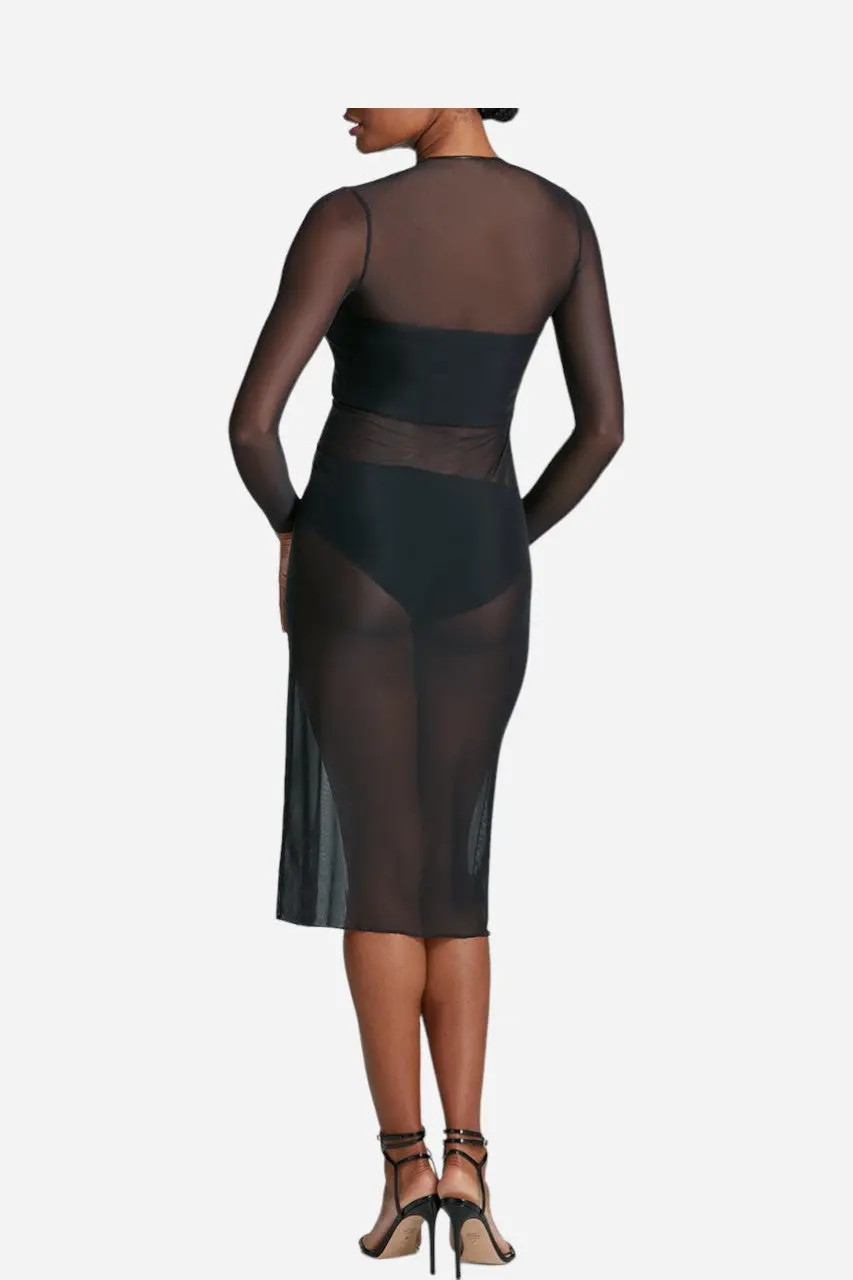 Commando Chic Mesh Long Sleeve Midi Dress In Black 2