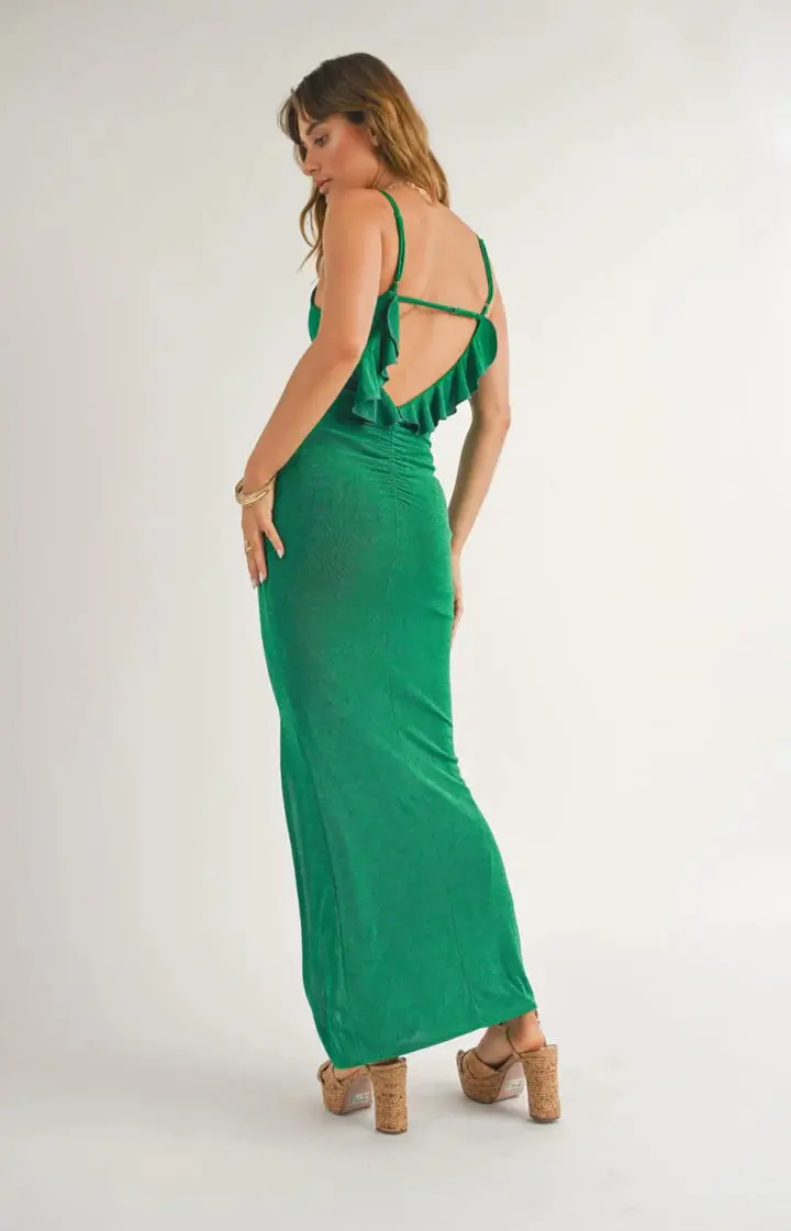 Sage The Label Cacti Open Back Ruffle Maxi Dress In Jade 2