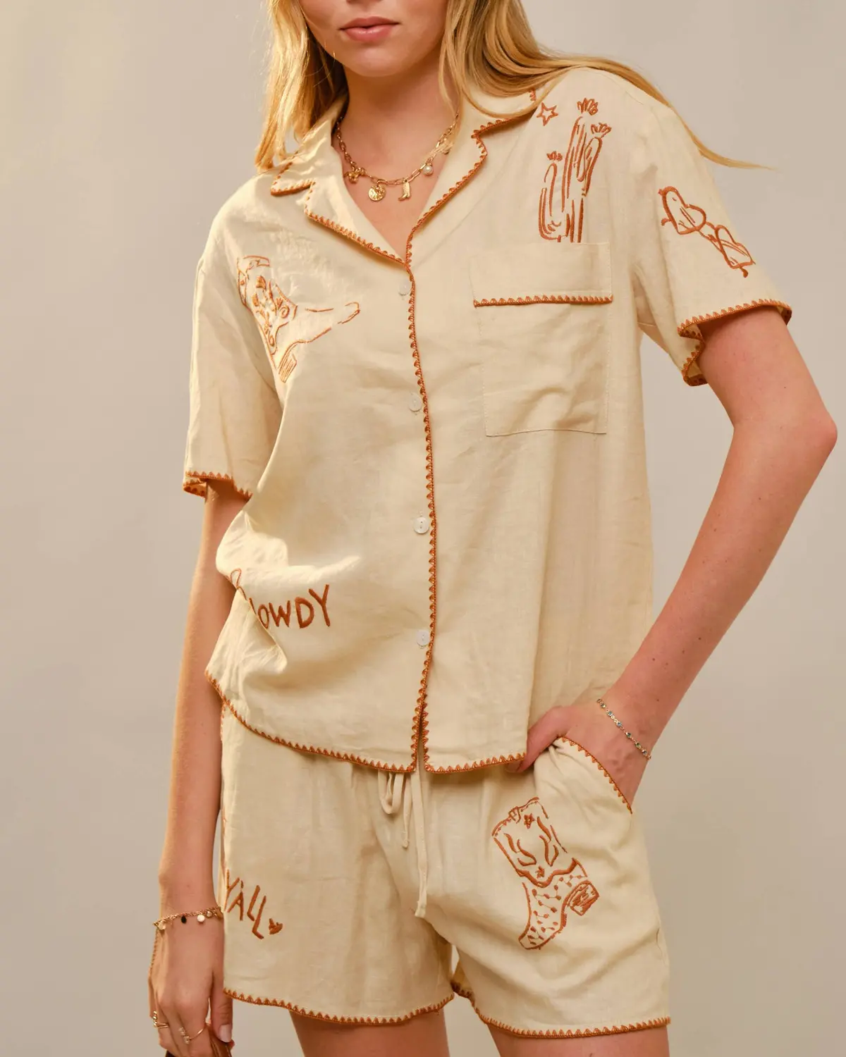 Howdy Cowgirl Embroidered Linen Shorts Set 1