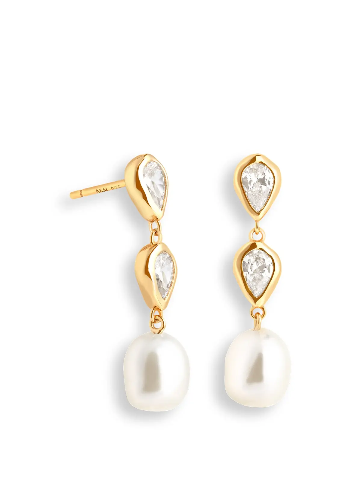 Gold Pear Bezel & Pearl Drop Earring Studs 1