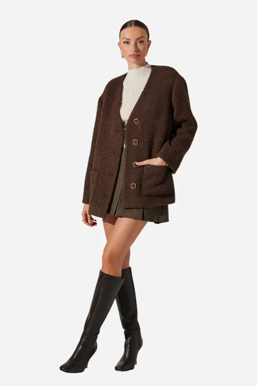 Astr The Label Maidy Boucle V-Neck Coat Brown 2