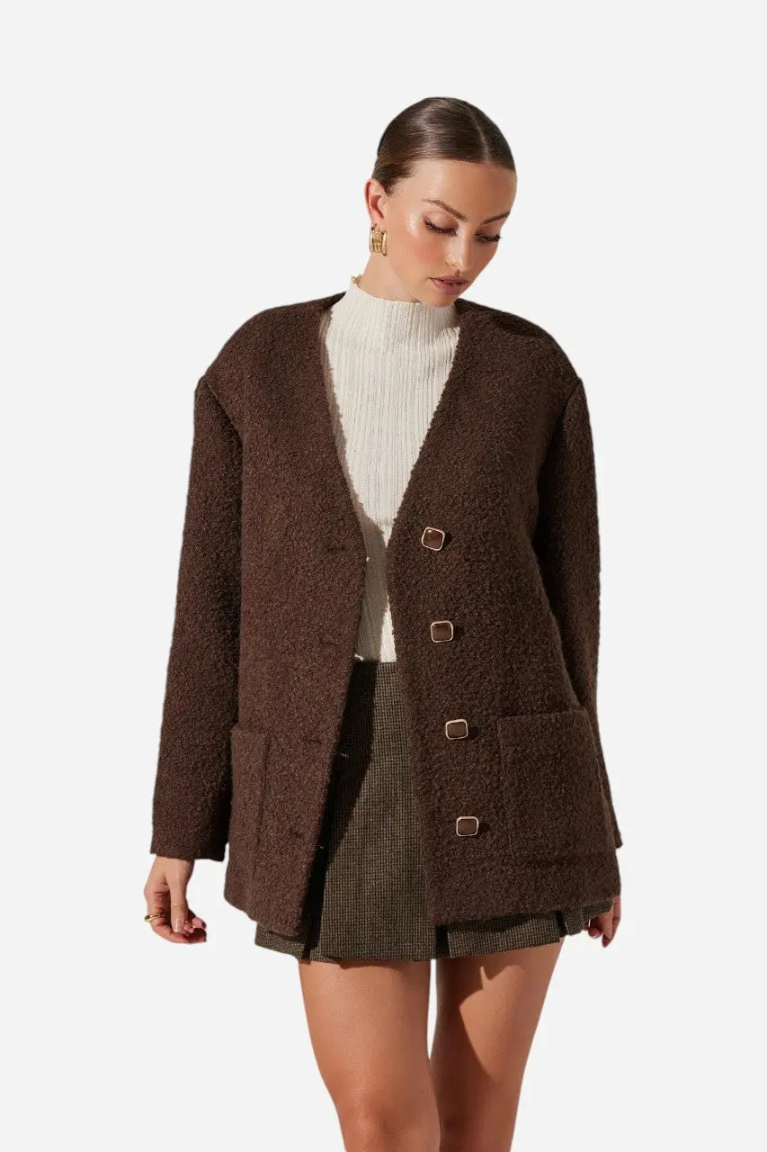 Astr The Label Maidy Boucle V-Neck Coat Brown 3