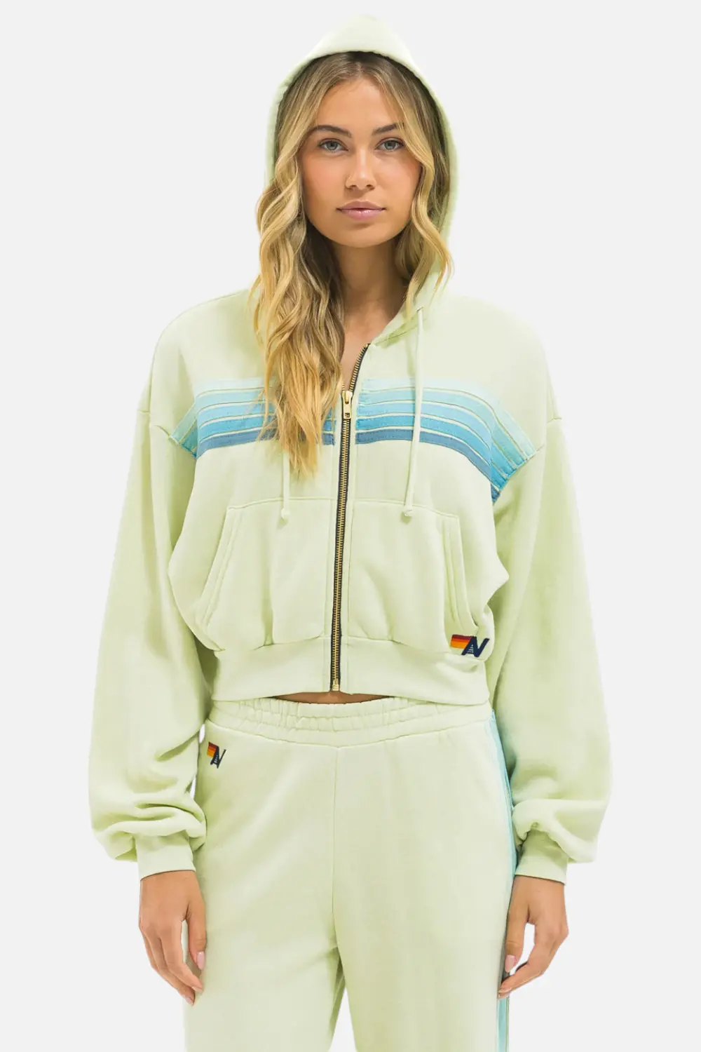 Aviator Nation 5 Stripe Cropped Zip Hood In Lime Cream And Seafoam 1