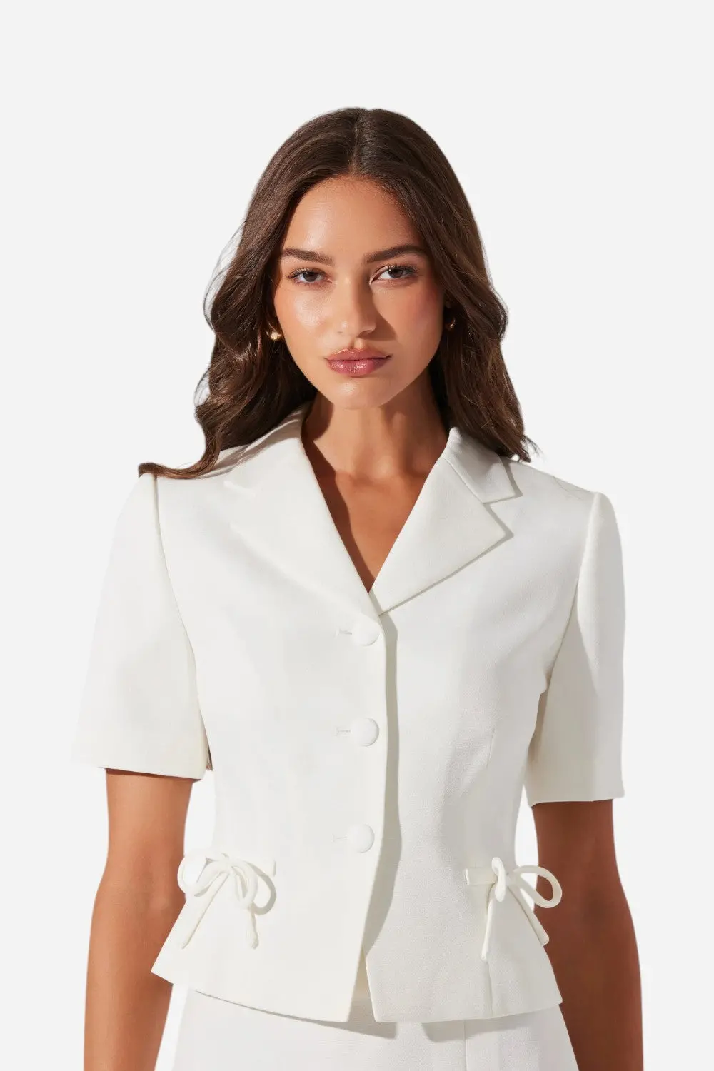 Astr Sophie Bow Embellished Blazer In White 1