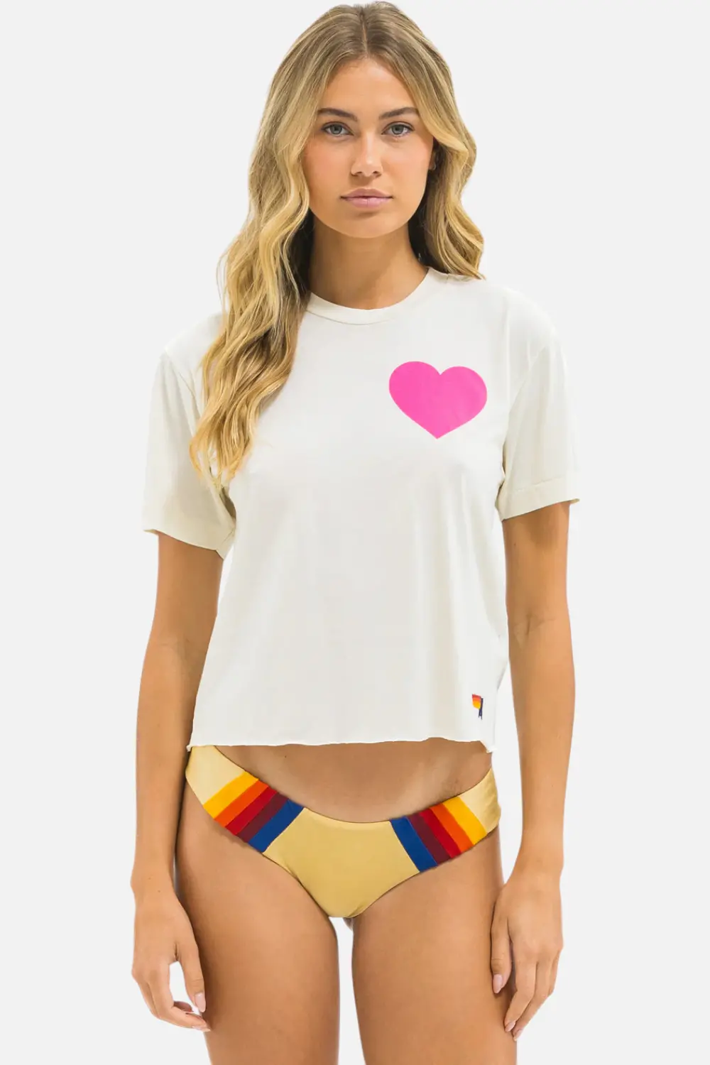 Aviator Nation Heart Print Boyfriend Tee In Vintage White And Neon Pink 1